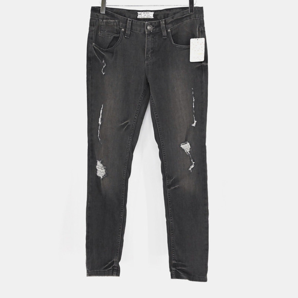 FREE PEOPLE Jeans Womens Sz 28 Coal Miners Washed Black Distressed Boho Festival - Picture 1 of 13